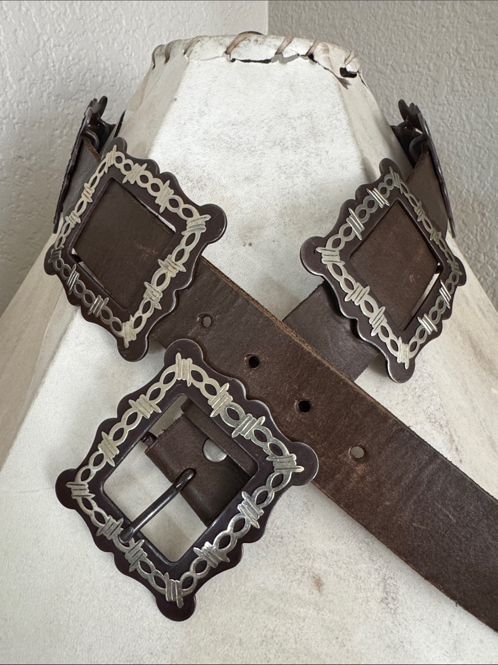 Dark Brown Leather Western-Style Belt with Decorative Silver Buckles